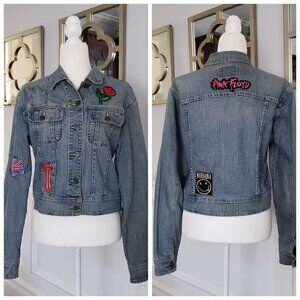 Vintage MED Denim Jean Biker Jacket UK Flag Rock & Roll Boho Retro Indie Grunge
